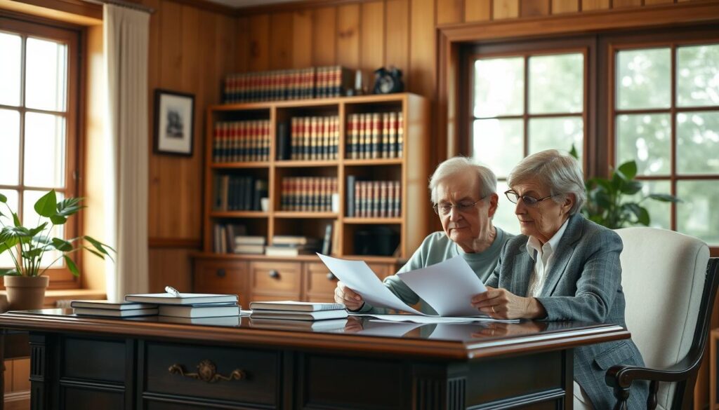 A warm, soft-lit scene depicting the intricacies of inheritance tax planning. In the foreground, a mature couple sitting at a mahogany desk, reviewing documents and discussing their estate. Mid-ground, shelves of legal books and a potted plant, conveying an atmosphere of professionalism and foresight. The background is a cozy, wood-paneled home office, with a large window letting in natural light. The couple's expressions are thoughtful, suggesting the gravity of their financial decisions. The overall mood is one of careful consideration, financial security, and a sense of legacy preservation. A warm, soft-lit scene depicting the intricacies of inheritance tax planning. In the foreground, a mature couple sitting at a mahogany desk, reviewing documents and discussing their estate. Mid-ground, shelves of legal books and a potted plant, conveying an atmosphere of professionalism and foresight. The background is a cozy, wood-paneled home office, with a large window letting in natural light. The couple's expressions are thoughtful, suggesting the gravity of their financial decisions. The overall mood is one of careful consideration, financial security, and a sense of legacy preservation.