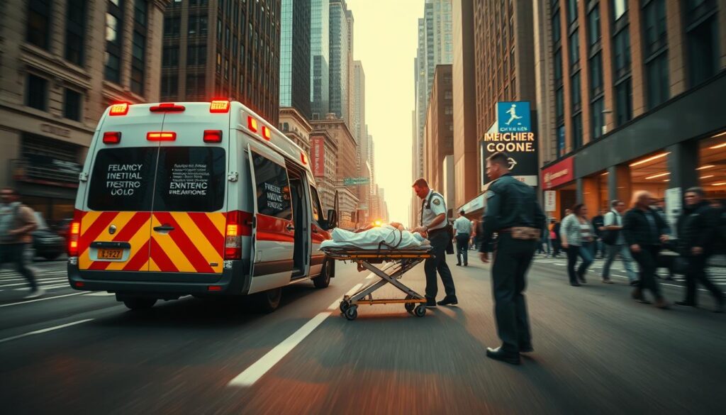 A well-equipped emergency medical van races down a city street, its flashing lights casting an urgent glow. In the middle ground, a team of medics in crisp uniforms tend to a patient on a gurney, administering vital care. The background showcases the bustling cityscape, with towering skyscrapers and busy pedestrians, emphasizing the need for reliable, comprehensive medical coverage during unexpected emergencies. The scene is captured with a cinematic wide-angle lens, conveying a sense of scale and the high stakes involved. Warm, directional lighting highlights the drama and intensity of the situation, creating a visually compelling image that captures the essence of "emergency medical coverage." A well-equipped emergency medical van races down a city street, its flashing lights casting an urgent glow. In the middle ground, a team of medics in crisp uniforms tend to a patient on a gurney, administering vital care. The background showcases the bustling cityscape, with towering skyscrapers and busy pedestrians, emphasizing the need for reliable, comprehensive medical coverage during unexpected emergencies. The scene is captured with a cinematic wide-angle lens, conveying a sense of scale and the high stakes involved. Warm, directional lighting highlights the drama and intensity of the situation, creating a visually compelling image that captures the essence of "emergency medical coverage."