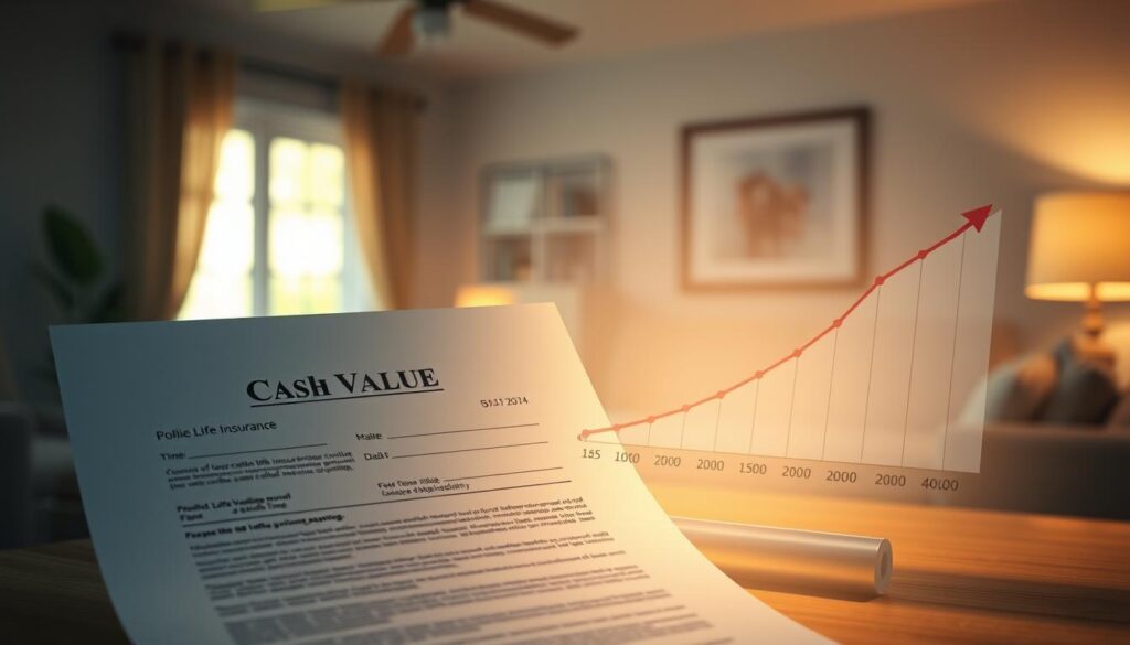 A well-lit and detailed illustration of whole life insurance cash value. A central life insurance policy document occupies the foreground, showcasing the cash value accumulated over time. In the middle ground, a graph or chart visually depicts the growth of the cash value, with labeled axes and clear data visualization. The background features a serene, domestic scene - a family home or living room, bathed in warm, natural lighting to convey a sense of security and stability. The overall mood is one of financial responsibility, long-term planning, and the protection of one's loved ones. A well-lit and detailed illustration of whole life insurance cash value. A central life insurance policy document occupies the foreground, showcasing the cash value accumulated over time. In the middle ground, a graph or chart visually depicts the growth of the cash value, with labeled axes and clear data visualization. The background features a serene, domestic scene - a family home or living room, bathed in warm, natural lighting to convey a sense of security and stability. The overall mood is one of financial responsibility, long-term planning, and the protection of one's loved ones.