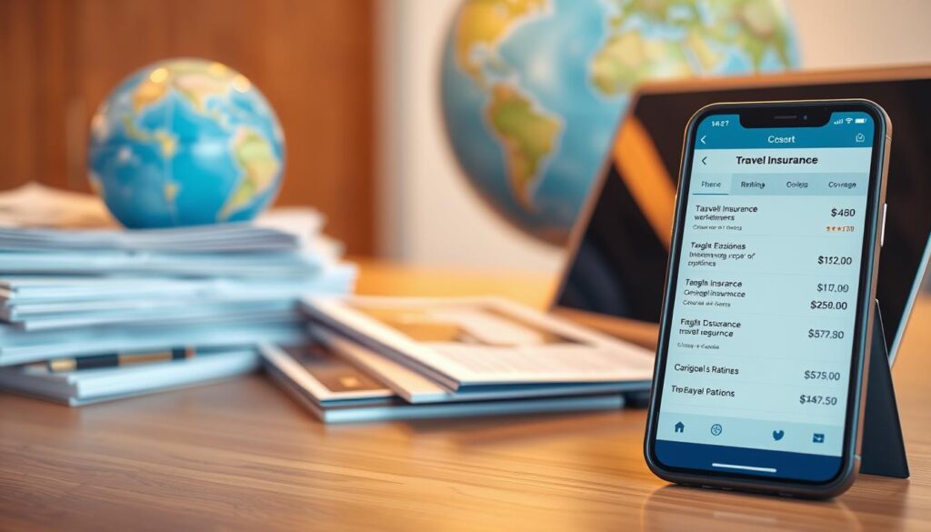 A well-lit and meticulously-detailed image showcasing the cost of various travel insurance plans. In the foreground, a tablet or smartphone displays a comparison of plan prices, coverage details, and ratings. In the middle ground, a stack of documents, brochures, and an open laptop represent the research and decision-making process. The background features a blurred globe or world map, hinting at the global nature of travel insurance. Warm lighting, a modern aesthetic, and a clean, uncluttered composition convey a sense of professionalism and confidence in the subject matter. A well-lit and meticulously-detailed image showcasing the cost of various travel insurance plans. In the foreground, a tablet or smartphone displays a comparison of plan prices, coverage details, and ratings. In the middle ground, a stack of documents, brochures, and an open laptop represent the research and decision-making process. The background features a blurred globe or world map, hinting at the global nature of travel insurance. Warm lighting, a modern aesthetic, and a clean, uncluttered composition convey a sense of professionalism and confidence in the subject matter.