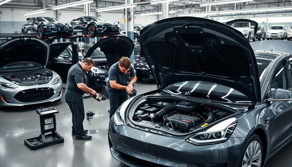 A well-lit auto repair shop, with a Tesla Model 3 in the foreground, its hood open, revealing the intricate inner workings of the electric vehicle. Skilled mechanics in the middle ground inspect the components, using specialized tools and diagnostic equipment. The background showcases a variety of other electric and hybrid vehicles, highlighting the differences in maintenance and repair requirements between Tesla and non-Tesla models. The scene conveys a sense of diligence and expertise, reflecting the complexities and unique challenges associated with servicing and repairing modern electric vehicles. A well-lit auto repair shop, with a Tesla Model 3 in the foreground, its hood open, revealing the intricate inner workings of the electric vehicle. Skilled mechanics in the middle ground inspect the components, using specialized tools and diagnostic equipment. The background showcases a variety of other electric and hybrid vehicles, highlighting the differences in maintenance and repair requirements between Tesla and non-Tesla models. The scene conveys a sense of diligence and expertise, reflecting the complexities and unique challenges associated with servicing and repairing modern electric vehicles.
