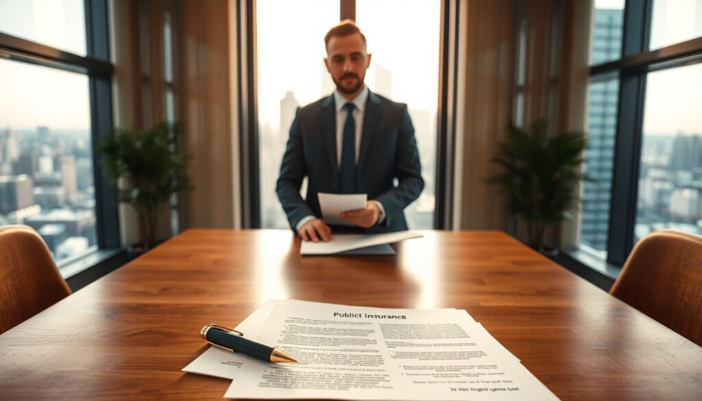 A well-lit business office interior, with a large wooden desk in the foreground. On the desk, a stack of documents and a pen, symbolizing public liability insurance paperwork. In the middle ground, a professional-looking person in a suit, sitting at the desk and reviewing the documents. The background features floor-to-ceiling windows, offering a view of a bustling urban landscape. The lighting is warm and inviting, creating a sense of authority and trustworthiness. The overall composition conveys the importance and seriousness of public liability insurance for small and medium-sized enterprises. A well-lit business office interior, with a large wooden desk in the foreground. On the desk, a stack of documents and a pen, symbolizing public liability insurance paperwork. In the middle ground, a professional-looking person in a suit, sitting at the desk and reviewing the documents. The background features floor-to-ceiling windows, offering a view of a bustling urban landscape. The lighting is warm and inviting, creating a sense of authority and trustworthiness. The overall composition conveys the importance and seriousness of public liability insurance for small and medium-sized enterprises.