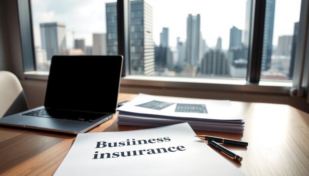 A well-lit business office scene, with an open desk showcasing a stack of documents labeled "Business Insurance" alongside a professional-looking laptop and a pen. The background features a window overlooking a bustling city skyline, suggesting the importance of comprehensive coverage for UK SMEs. The lighting is soft and natural, creating a sense of professionalism and authority. The overall composition conveys the significance of understanding and securing the right business insurance policies in the evolving landscape of 2026. A well-lit business office scene, with an open desk showcasing a stack of documents labeled "Business Insurance" alongside a professional-looking laptop and a pen. The background features a window overlooking a bustling city skyline, suggesting the importance of comprehensive coverage for UK SMEs. The lighting is soft and natural, creating a sense of professionalism and authority. The overall composition conveys the significance of understanding and securing the right business insurance policies in the evolving landscape of 2026.