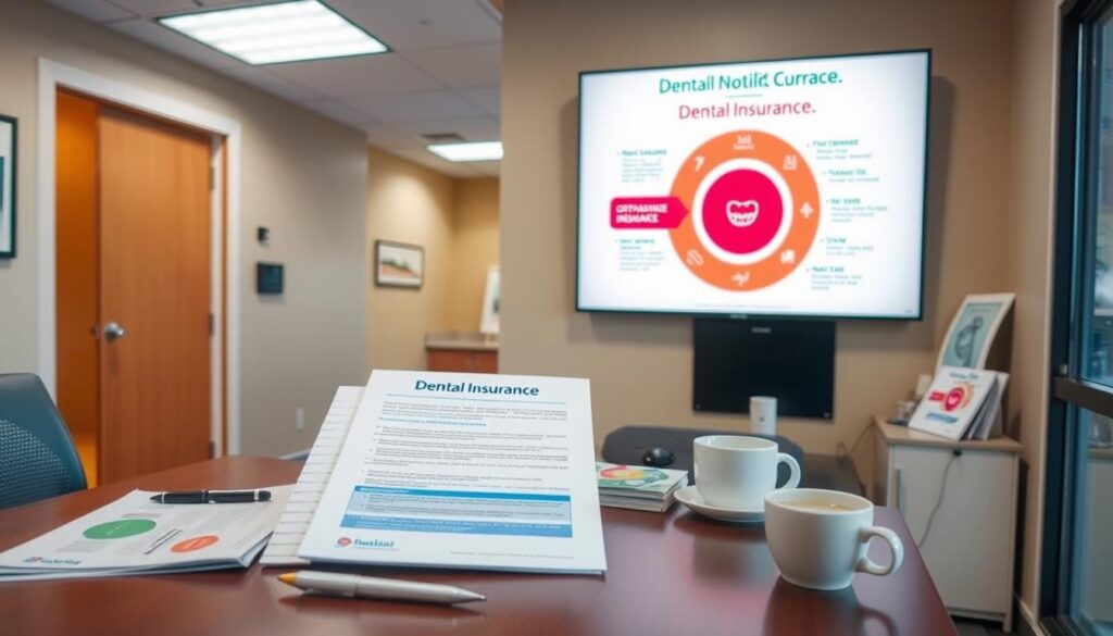 A well-lit dental office interior with a focus on a desk displaying various dental insurance documents and brochures. On the desk, there is a desktop computer, a pen, and a cup of coffee, suggesting a professional and organized workspace. In the background, a wall-mounted display shows a diagram highlighting the key features of an orthodontic dental insurance plan, such as coverage for braces, retainers, and other treatments. The overall atmosphere conveys a sense of expertise, attention to detail, and a commitment to helping patients find the right dental insurance coverage. A well-lit dental office interior with a focus on a desk displaying various dental insurance documents and brochures. On the desk, there is a desktop computer, a pen, and a cup of coffee, suggesting a professional and organized workspace. In the background, a wall-mounted display shows a diagram highlighting the key features of an orthodontic dental insurance plan, such as coverage for braces, retainers, and other treatments. The overall atmosphere conveys a sense of expertise, attention to detail, and a commitment to helping patients find the right dental insurance coverage.