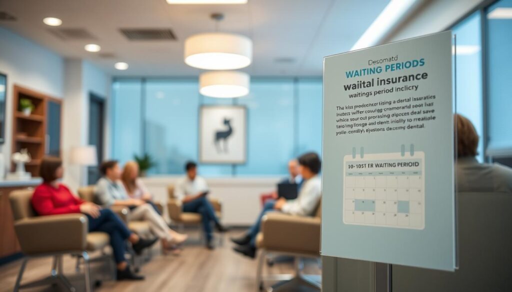 A well-lit dental office waiting area, with patients sitting patiently in comfortable chairs. The room has a warm, inviting atmosphere, with soft lighting and muted colors. In the foreground, a informational sign displays details about the dental insurance waiting period policy, clearly explaining the coverage and eligibility requirements. The middle ground features a calendar graphic, highlighting the duration of the waiting period. The background showcases the clinic's modern, professional decor, conveying a sense of trust and reliability. A well-lit dental office waiting area, with patients sitting patiently in comfortable chairs. The room has a warm, inviting atmosphere, with soft lighting and muted colors. In the foreground, a informational sign displays details about the dental insurance waiting period policy, clearly explaining the coverage and eligibility requirements. The middle ground features a calendar graphic, highlighting the duration of the waiting period. The background showcases the clinic's modern, professional decor, conveying a sense of trust and reliability.
