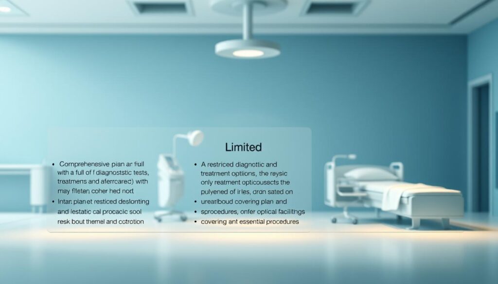 A well-lit, detailed illustration of three distinct levels of private medical insurance coverage in the UK. In the foreground, a comprehensive plan with a full suite of diagnostic tests, treatments, and aftercare. In the middle, a limited plan with restricted diagnostic and treatment options. In the background, a basic plan covering only essential procedures. The image should convey the differences in scope and depth of coverage through visual metaphors, such as varying degrees of medical equipment, hospital facilities, and patient outcomes. Use a balanced, symmetrical composition to highlight the comparative nature of the three insurance levels. Lighting should be soft and natural, with a muted color palette to convey the seriousness of the subject matter. A well-lit, detailed illustration of three distinct levels of private medical insurance coverage in the UK. In the foreground, a comprehensive plan with a full suite of diagnostic tests, treatments, and aftercare. In the middle, a limited plan with restricted diagnostic and treatment options. In the background, a basic plan covering only essential procedures. The image should convey the differences in scope and depth of coverage through visual metaphors, such as varying degrees of medical equipment, hospital facilities, and patient outcomes. Use a balanced, symmetrical composition to highlight the comparative nature of the three insurance levels. Lighting should be soft and natural, with a muted color palette to convey the seriousness of the subject matter.