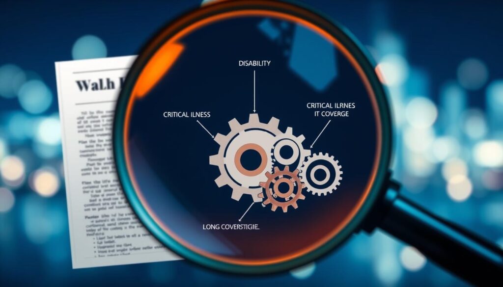 A well-lit, detailed illustration showcasing the cash value of a whole life insurance policy and its associated riders. In the foreground, a magnifying glass reveals the intricate inner workings of a life insurance contract, highlighting the policy's cash value feature. In the middle ground, various riders like disability, critical illness, and long-term care are depicted as interconnected gears, emphasizing how they can enhance the core coverage. The background features a soft, bokeh-filled financial landscape, underscoring the policy's role in wealth management and financial planning. The overall composition conveys a sense of clarity, transparency, and the multifaceted nature of a comprehensive whole life insurance plan. A well-lit, detailed illustration showcasing the cash value of a whole life insurance policy and its associated riders. In the foreground, a magnifying glass reveals the intricate inner workings of a life insurance contract, highlighting the policy's cash value feature. In the middle ground, various riders like disability, critical illness, and long-term care are depicted as interconnected gears, emphasizing how they can enhance the core coverage. The background features a soft, bokeh-filled financial landscape, underscoring the policy's role in wealth management and financial planning. The overall composition conveys a sense of clarity, transparency, and the multifaceted nature of a comprehensive whole life insurance plan.