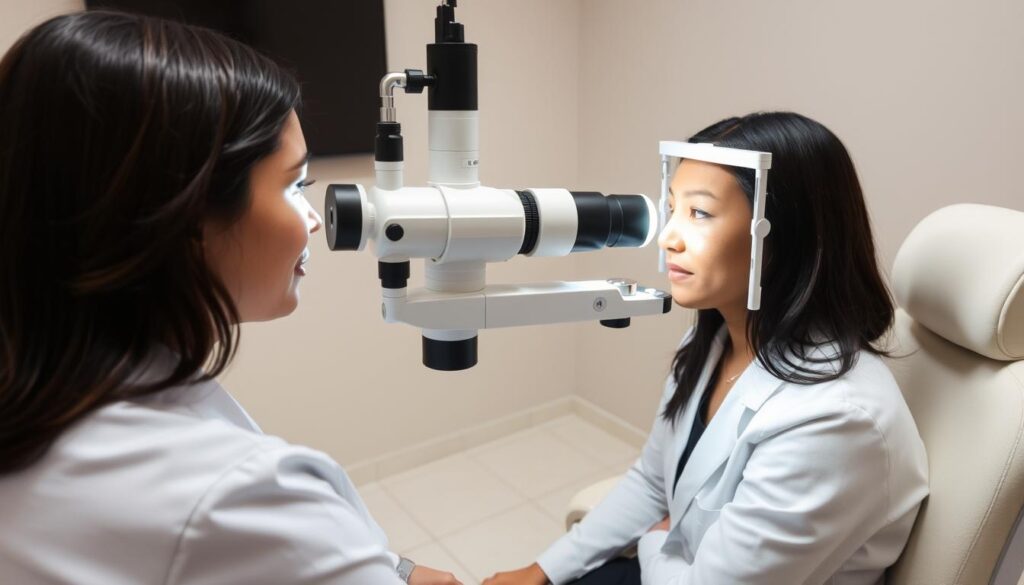 A well-lit examination room with a modern ophthalmologist's chair and equipment. A doctor in a white coat examines a patient's eyes using a slit lamp microscope, their face illuminated by the bright, focused light. The patient sits calmly, their eyes dilated, as the doctor carefully inspects their vision. The room's walls are a neutral, calming color, and the floor is clean and tiled. The atmosphere is one of professionalism and care, reflecting the importance of regular eye exams for maintaining good vision and eye health. A well-lit examination room with a modern ophthalmologist's chair and equipment. A doctor in a white coat examines a patient's eyes using a slit lamp microscope, their face illuminated by the bright, focused light. The patient sits calmly, their eyes dilated, as the doctor carefully inspects their vision. The room's walls are a neutral, calming color, and the floor is clean and tiled. The atmosphere is one of professionalism and care, reflecting the importance of regular eye exams for maintaining good vision and eye health.
