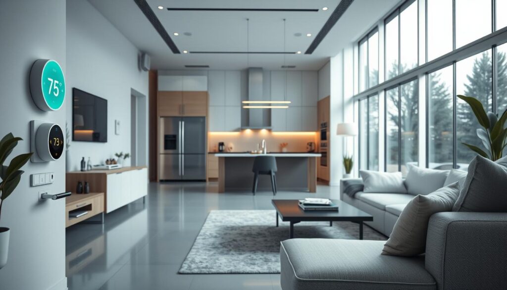 A well-lit, futuristic smart home interior with an array of connected devices seamlessly integrated into the modern design. Sleek, minimalist furniture and clean lines set the tone, with a focus on intuitive controls and intelligent automation. In the foreground, a smart thermostat, light switches, and voice assistant hub stand out, while in the middle ground, a security camera, smart appliances, and integrated lighting create a cohesive and secure environment. The background showcases expansive windows, allowing natural light to flood the space and create a sense of openness and tranquility. The overall atmosphere conveys a high-tech yet cozy ambiance, highlighting how smart home technology can enhance both the safety and comfort of a modern dwelling. A well-lit, futuristic smart home interior with an array of connected devices seamlessly integrated into the modern design. Sleek, minimalist furniture and clean lines set the tone, with a focus on intuitive controls and intelligent automation. In the foreground, a smart thermostat, light switches, and voice assistant hub stand out, while in the middle ground, a security camera, smart appliances, and integrated lighting create a cohesive and secure environment. The background showcases expansive windows, allowing natural light to flood the space and create a sense of openness and tranquility. The overall atmosphere conveys a high-tech yet cozy ambiance, highlighting how smart home technology can enhance both the safety and comfort of a modern dwelling.
