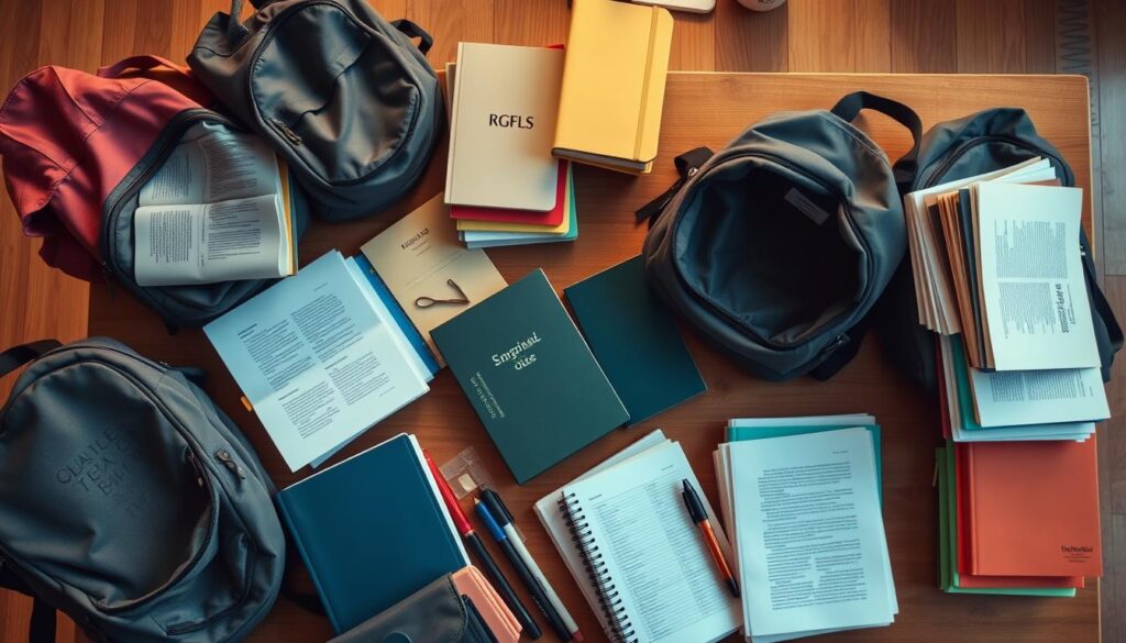 A well-lit, high-angle shot of a group of college students' backpacks, textbooks, and study materials arranged neatly on a wooden table. The contents cover a diverse range of academic subjects, from science and math to literature and art. The lighting is warm and natural, creating a cozy, focused atmosphere. The composition highlights the organized, diligent nature of the students, conveying a sense of academic preparedness and responsibility. The scene evokes the shared experience of students navigating the challenges and opportunities of higher education. A well-lit, high-angle shot of a group of college students' backpacks, textbooks, and study materials arranged neatly on a wooden table. The contents cover a diverse range of academic subjects, from science and math to literature and art. The lighting is warm and natural, creating a cozy, focused atmosphere. The composition highlights the organized, diligent nature of the students, conveying a sense of academic preparedness and responsibility. The scene evokes the shared experience of students navigating the challenges and opportunities of higher education.