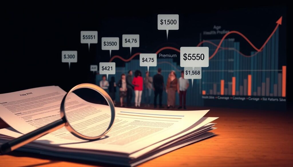 A well-lit, high-fidelity illustration depicting the key components that determine life insurance premiums in 2026. In the foreground, a magnifying glass hovers over a stack of documents, highlighting the fine print and numerical details that factor into policy pricing. The middle ground showcases a diverse array of people, representing different demographics, ages, and health profiles - each with a corresponding premium cost floating above them. In the background, an abstract data visualization charts the complex relationships between variables like age, health status, coverage amount, and premium rates. The overall mood is one of careful analysis and transparent information, setting the stage for informed decision-making around life insurance options. A well-lit, high-fidelity illustration depicting the key components that determine life insurance premiums in 2026. In the foreground, a magnifying glass hovers over a stack of documents, highlighting the fine print and numerical details that factor into policy pricing. The middle ground showcases a diverse array of people, representing different demographics, ages, and health profiles - each with a corresponding premium cost floating above them. In the background, an abstract data visualization charts the complex relationships between variables like age, health status, coverage amount, and premium rates. The overall mood is one of careful analysis and transparent information, setting the stage for informed decision-making around life insurance options.