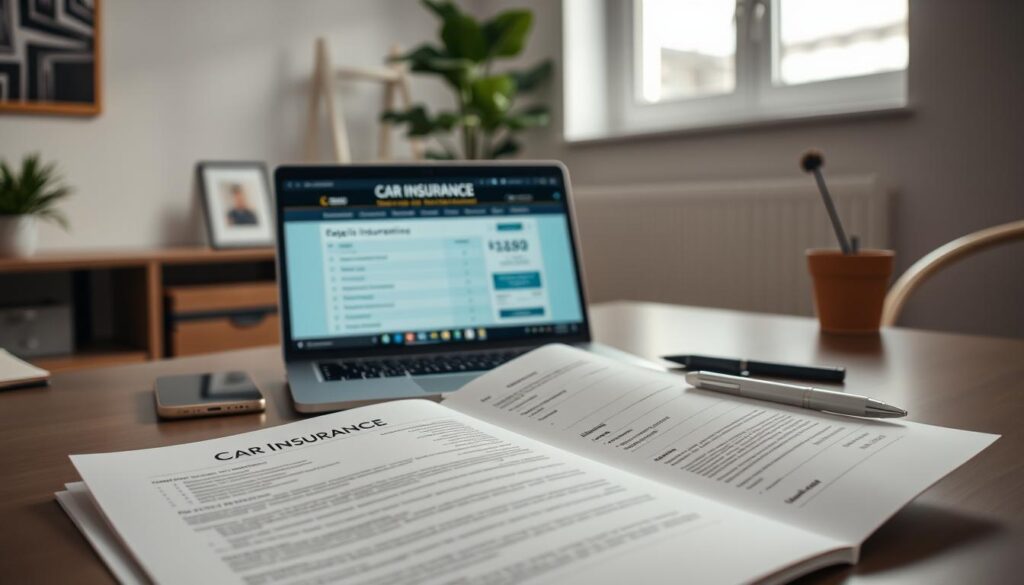 A well-lit, high-resolution image of a buyer's guide for car insurance. The foreground features an open car insurance policy document with detailed coverage information. The middle ground showcases a laptop displaying an online insurance comparison site, along with a smartphone and a pen for note-taking. The background depicts a serene office setting with minimalist decor, natural lighting from a window, and a potted plant. The overall mood is informative and authoritative, conveying the importance of thoroughly researching car insurance options. A well-lit, high-resolution image of a buyer's guide for car insurance. The foreground features an open car insurance policy document with detailed coverage information. The middle ground showcases a laptop displaying an online insurance comparison site, along with a smartphone and a pen for note-taking. The background depicts a serene office setting with minimalist decor, natural lighting from a window, and a potted plant. The overall mood is informative and authoritative, conveying the importance of thoroughly researching car insurance options.