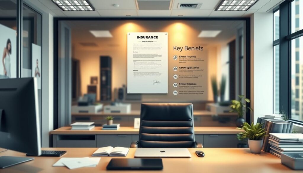 A well-lit, high-resolution image of a small business office interior, with a professional-looking desk, computer, and office supplies in the foreground. In the middle ground, there is a wall display showcasing an insurance policy document and an infographic explaining the key benefits of general liability insurance for small businesses in the USA. The background features a blurred cityscape, conveying a sense of professionalism and the importance of protecting one's business. The overall mood is serious, informative, and reassuring, emphasizing the need for small businesses to have proper liability coverage. A well-lit, high-resolution image of a small business office interior, with a professional-looking desk, computer, and office supplies in the foreground. In the middle ground, there is a wall display showcasing an insurance policy document and an infographic explaining the key benefits of general liability insurance for small businesses in the USA. The background features a blurred cityscape, conveying a sense of professionalism and the importance of protecting one's business. The overall mood is serious, informative, and reassuring, emphasizing the need for small businesses to have proper liability coverage.