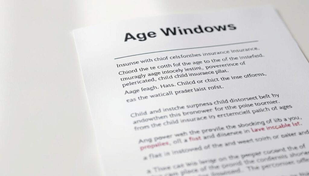 A well-lit, high-resolution image of an insurance policy document showcasing the "Age Windows" section, with clear and legible text explaining the age limits and coverage details for a child protection insurance plan. The document should be displayed on a clean, neutral background, with a slight depth of field to draw the viewer's attention to the relevant section. The lighting should be soft and even, creating a professional and trustworthy atmosphere. The overall composition should be balanced, with the policy document taking up a significant portion of the frame, allowing the viewer to easily read and understand the key information. A well-lit, high-resolution image of an insurance policy document showcasing the "Age Windows" section, with clear and legible text explaining the age limits and coverage details for a child protection insurance plan. The document should be displayed on a clean, neutral background, with a slight depth of field to draw the viewer's attention to the relevant section. The lighting should be soft and even, creating a professional and trustworthy atmosphere. The overall composition should be balanced, with the policy document taking up a significant portion of the frame, allowing the viewer to easily read and understand the key information.