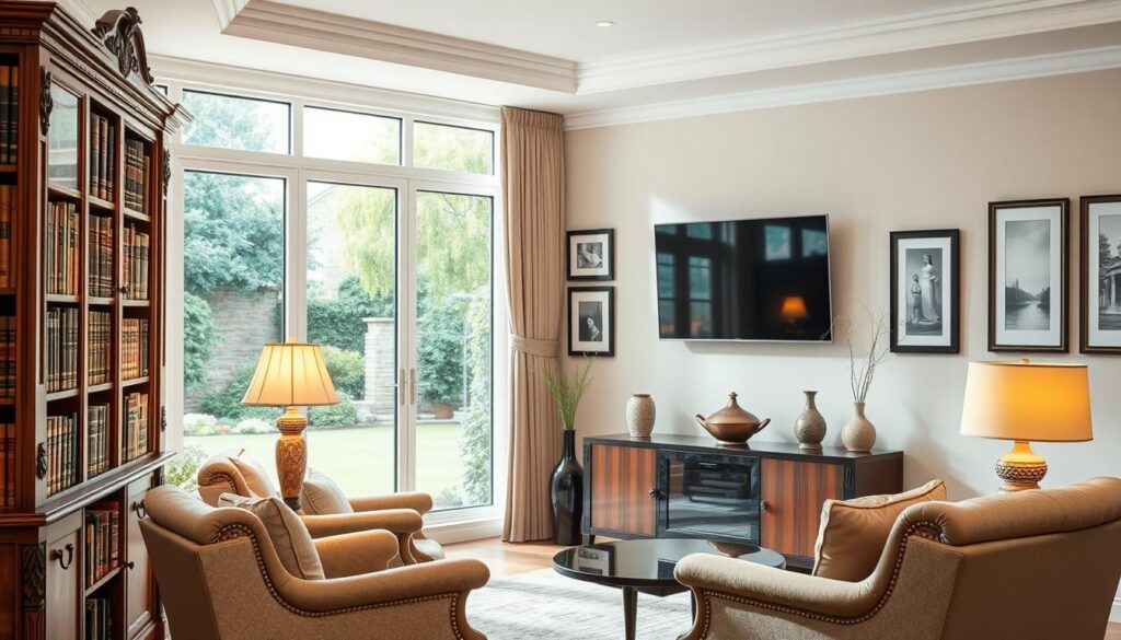 A well-lit, high-resolution interior scene showcasing the various contents and furnishings of a residential home. In the foreground, an ornate wooden bookshelf filled with leather-bound volumes, a pair of plush armchairs, and a tasteful table lamp. In the middle ground, a modern flat-screen television mounted on the wall, flanked by decorative vases and framed artwork. The background features a large window overlooking a lush garden, allowing natural light to flood the space and create a warm, inviting atmosphere. The overall composition conveys a sense of comfort, sophistication, and attention to detail, suitable for illustrating the "Building vs contents" section of the article. A well-lit, high-resolution interior scene showcasing the various contents and furnishings of a residential home. In the foreground, an ornate wooden bookshelf filled with leather-bound volumes, a pair of plush armchairs, and a tasteful table lamp. In the middle ground, a modern flat-screen television mounted on the wall, flanked by decorative vases and framed artwork. The background features a large window overlooking a lush garden, allowing natural light to flood the space and create a warm, inviting atmosphere. The overall composition conveys a sense of comfort, sophistication, and attention to detail, suitable for illustrating the "Building vs contents" section of the article.