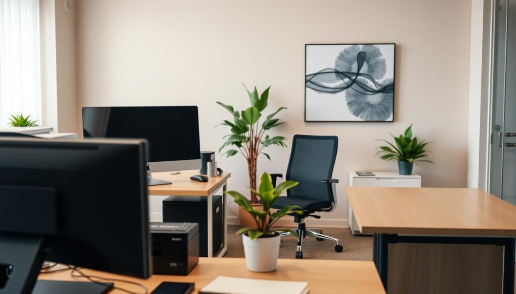 A well-lit, high-resolution photograph of an office workspace, captured with a wide-angle lens. The foreground features a variety of office equipment, including a desktop computer, printer, and a sleek, modern office desk. The middle ground showcases a comfortable office chair and a potted plant, creating a sense of professionalism and attention to detail. The background depicts a neutral-toned wall, with a minimalist abstract art piece hanging, conveying a sophisticated and polished ambiance. The overall scene emanates a sense of productivity, organization, and a commitment to protecting the business through comprehensive insurance coverage. A well-lit, high-resolution photograph of an office workspace, captured with a wide-angle lens. The foreground features a variety of office equipment, including a desktop computer, printer, and a sleek, modern office desk. The middle ground showcases a comfortable office chair and a potted plant, creating a sense of professionalism and attention to detail. The background depicts a neutral-toned wall, with a minimalist abstract art piece hanging, conveying a sophisticated and polished ambiance. The overall scene emanates a sense of productivity, organization, and a commitment to protecting the business through comprehensive insurance coverage.