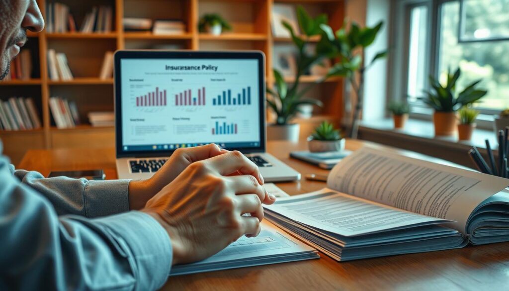 A well-lit, high-resolution scene of a person carefully weighing their options while considering various insurance policy documents and brochures on a wooden desk. The foreground features the person's hands thoughtfully examining the paperwork, with a contemplative expression on their face. In the middle ground, a laptop displays informative charts and graphs about policy features and costs. The background showcases a warm, inviting office setting with bookshelves and potted plants, creating a professional yet approachable atmosphere. The overall mood is one of careful consideration and informed decision-making. A well-lit, high-resolution scene of a person carefully weighing their options while considering various insurance policy documents and brochures on a wooden desk. The foreground features the person's hands thoughtfully examining the paperwork, with a contemplative expression on their face. In the middle ground, a laptop displays informative charts and graphs about policy features and costs. The background showcases a warm, inviting office setting with bookshelves and potted plants, creating a professional yet approachable atmosphere. The overall mood is one of careful consideration and informed decision-making.
