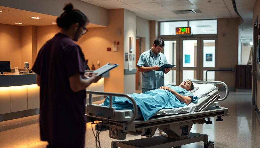 A well-lit hospital lobby with a reception desk and medical personnel in scrubs attending to a patient lying on a gurney. The scene has a sense of urgency, with a nurse checking vital signs and a doctor gesturing with a clipboard. The lighting is a mix of warm and cool tones, creating a calming yet focused atmosphere. The background is slightly blurred, emphasizing the foreground action. The camera angle is slightly elevated, giving a sense of order and control in the emergency situation. A well-lit hospital lobby with a reception desk and medical personnel in scrubs attending to a patient lying on a gurney. The scene has a sense of urgency, with a nurse checking vital signs and a doctor gesturing with a clipboard. The lighting is a mix of warm and cool tones, creating a calming yet focused atmosphere. The background is slightly blurred, emphasizing the foreground action. The camera angle is slightly elevated, giving a sense of order and control in the emergency situation.