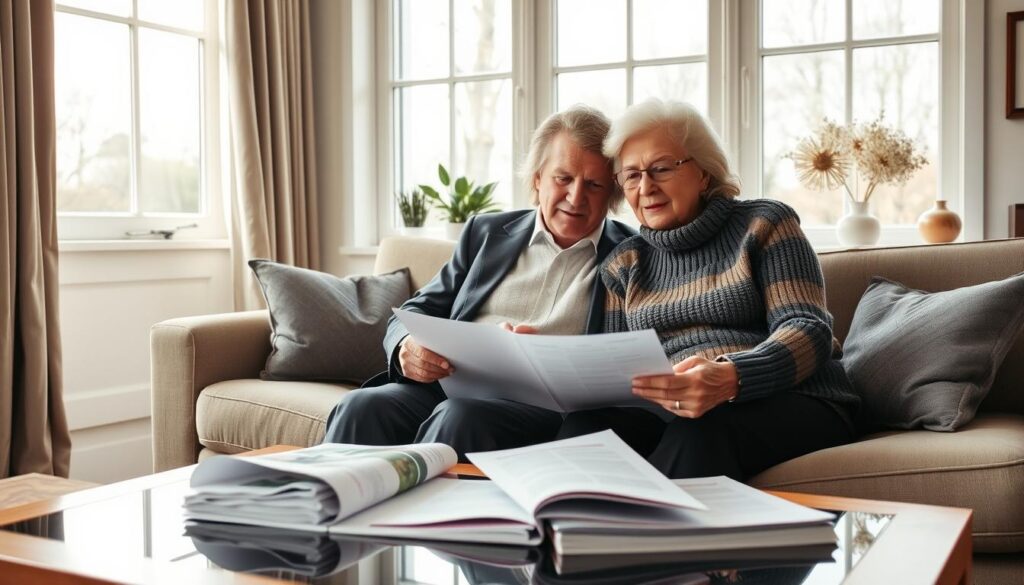 A well-lit interior scene, showcasing a mature couple sitting comfortably on a plush sofa. The man, dressed in a crisp suit, is reviewing insurance documents with his wife, who is wearing a warm, knitted sweater. Sunlight filters through large windows, creating a cozy, inviting atmosphere. On the coffee table in front of them, there are informational brochures and a laptop, suggesting they are researching their life insurance options. The room is decorated with subtle, tasteful accents, reflecting the couple's refined and thoughtful approach to planning for their future. The overall mood conveys a sense of security, financial responsibility, and the importance of being prepared for life's later stages. A well-lit interior scene, showcasing a mature couple sitting comfortably on a plush sofa. The man, dressed in a crisp suit, is reviewing insurance documents with his wife, who is wearing a warm, knitted sweater. Sunlight filters through large windows, creating a cozy, inviting atmosphere. On the coffee table in front of them, there are informational brochures and a laptop, suggesting they are researching their life insurance options. The room is decorated with subtle, tasteful accents, reflecting the couple's refined and thoughtful approach to planning for their future. The overall mood conveys a sense of security, financial responsibility, and the importance of being prepared for life's later stages.