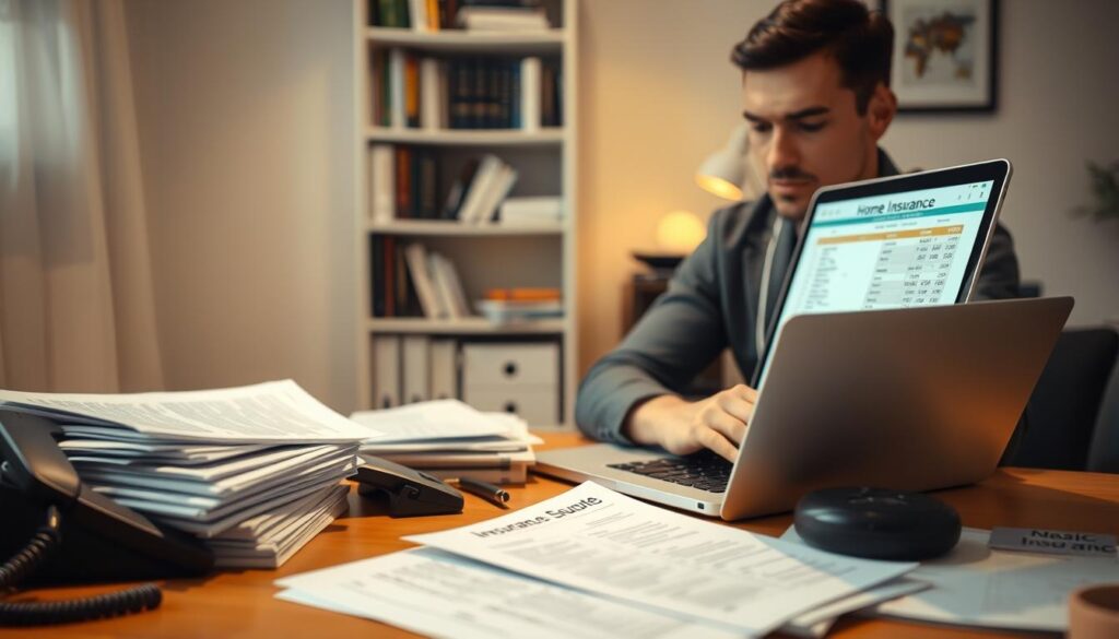 A well-lit interior scene showing a person sitting at a desk, laptop open, surrounded by stacks of documents, insurance forms, and a phone. The person is focused, comparing multiple insurance quotes on the laptop screen. Behind them, a bookshelf with relevant insurance and financial planning books. Soft, warm lighting creates a cozy, productive atmosphere. The camera angle is slightly elevated, capturing the scene from an observer's perspective. The composition emphasizes the person's deep concentration on the task of comparing home insurance options. A well-lit interior scene showing a person sitting at a desk, laptop open, surrounded by stacks of documents, insurance forms, and a phone. The person is focused, comparing multiple insurance quotes on the laptop screen. Behind them, a bookshelf with relevant insurance and financial planning books. Soft, warm lighting creates a cozy, productive atmosphere. The camera angle is slightly elevated, capturing the scene from an observer's perspective. The composition emphasizes the person's deep concentration on the task of comparing home insurance options.