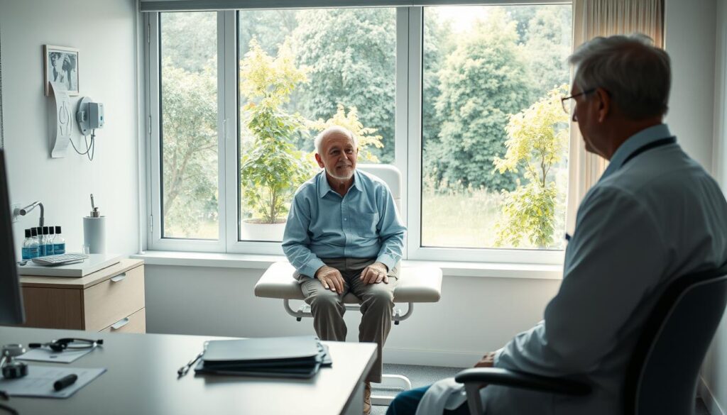 A well-lit medical examination room, with a doctor's desk and chair in the foreground. On the desk, a variety of medical instruments and paperwork are neatly arranged. In the middle ground, an elderly man sits on an examination table, his expression one of attentiveness as the doctor discusses his health status. The background features a large window overlooking a serene garden, bathed in soft, natural light. The overall mood conveys a sense of professionalism, care, and the importance of maintaining good health in one's senior years. A well-lit medical examination room, with a doctor's desk and chair in the foreground. On the desk, a variety of medical instruments and paperwork are neatly arranged. In the middle ground, an elderly man sits on an examination table, his expression one of attentiveness as the doctor discusses his health status. The background features a large window overlooking a serene garden, bathed in soft, natural light. The overall mood conveys a sense of professionalism, care, and the importance of maintaining good health in one's senior years.