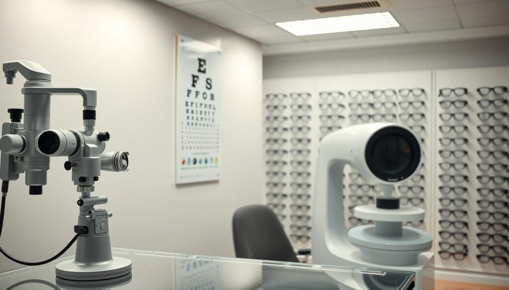 A well-lit, modern optometry clinic interior with various eye examination equipment prominently displayed. A sleek, minimalist design aesthetic with clean lines and neutral tones. In the foreground, an ophthalmological slit lamp and a digital phoropter stand on a glass-topped counter, reflecting the soft lighting above. In the middle ground, an eye chart in multiple languages hangs on the wall, while an advanced optical coherence tomography (OCT) scanner sits nearby. The background features rows of neatly organized eyeglass frames in a variety of styles, subtly suggesting the range of vision correction options available. The overall mood is one of professionalism, efficiency, and a commitment to comprehensive eye care. A well-lit, modern optometry clinic interior with various eye examination equipment prominently displayed. A sleek, minimalist design aesthetic with clean lines and neutral tones. In the foreground, an ophthalmological slit lamp and a digital phoropter stand on a glass-topped counter, reflecting the soft lighting above. In the middle ground, an eye chart in multiple languages hangs on the wall, while an advanced optical coherence tomography (OCT) scanner sits nearby. The background features rows of neatly organized eyeglass frames in a variety of styles, subtly suggesting the range of vision correction options available. The overall mood is one of professionalism, efficiency, and a commitment to comprehensive eye care.