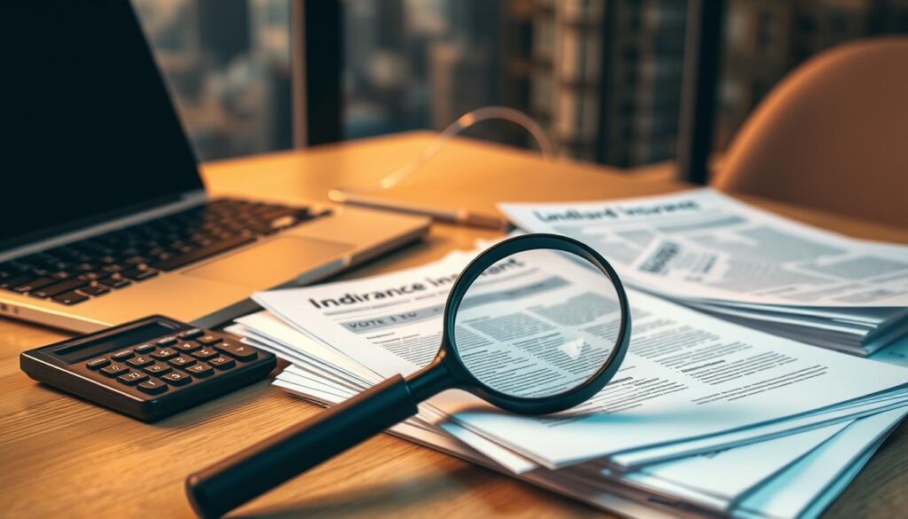 A well-lit office desk with a laptop, calculator, and stacks of documents representing landlord insurance quotes. In the foreground, a magnifying glass examines the fine print on the documents, emphasizing the need for careful comparison. The background features a blurred cityscape, hinting at the broader context of rental property investments. Warm, neutral tones create a professional, analytical atmosphere, guiding the viewer to focus on the decision-making process of finding the most cost-effective landlord insurance. A well-lit office desk with a laptop, calculator, and stacks of documents representing landlord insurance quotes. In the foreground, a magnifying glass examines the fine print on the documents, emphasizing the need for careful comparison. The background features a blurred cityscape, hinting at the broader context of rental property investments. Warm, neutral tones create a professional, analytical atmosphere, guiding the viewer to focus on the decision-making process of finding the most cost-effective landlord insurance.