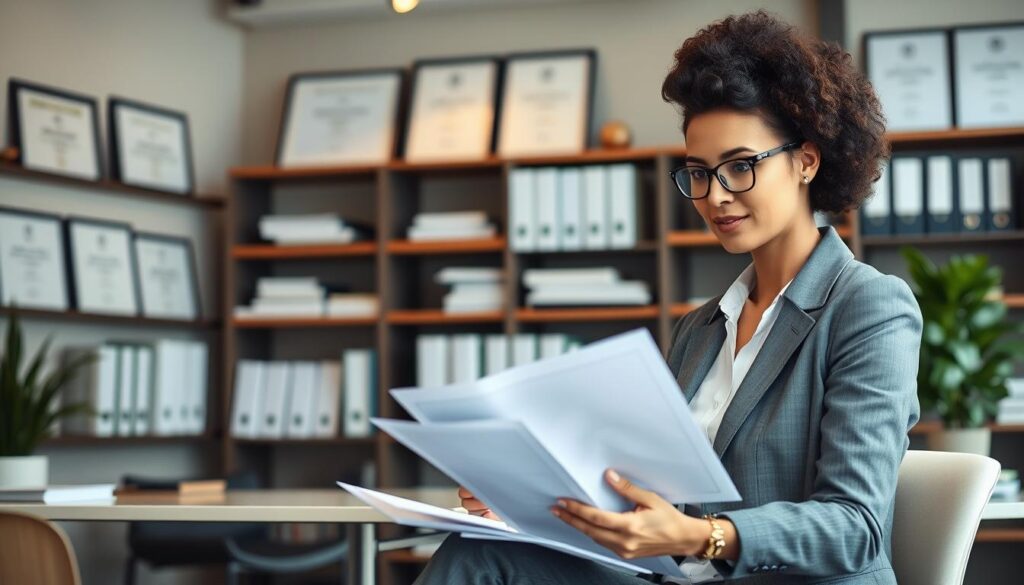 A well-lit, professional-looking office interior with modern furnishings. In the foreground, a businesswoman in a suit sits at a desk, reviewing documents and looking confident. Behind her, shelves of binders and certificates adorn the walls, conveying a sense of expertise and trustworthiness. The lighting is warm and inviting, creating a calming atmosphere. The overall scene suggests a reliable, reputable insurance provider dedicated to serving its customers' needs. A well-lit, professional-looking office interior with modern furnishings. In the foreground, a businesswoman in a suit sits at a desk, reviewing documents and looking confident. Behind her, shelves of binders and certificates adorn the walls, conveying a sense of expertise and trustworthiness. The lighting is warm and inviting, creating a calming atmosphere. The overall scene suggests a reliable, reputable insurance provider dedicated to serving its customers' needs.