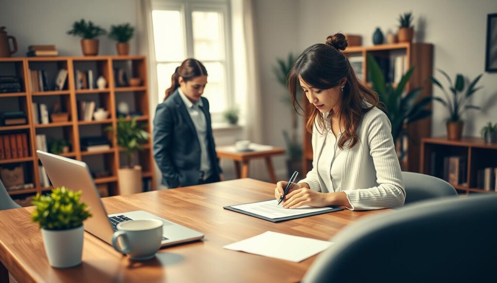 A well-lit, realistic scene of a young couple signing a term life insurance policy. In the foreground, the couple stands at a wooden desk, dressed professionally, intently focused on the documents in front of them. The middle ground features a laptop, pen, and a cup of coffee, evoking a sense of diligence and care. The background depicts a warm, cozy home office with bookshelves, plants, and soft, natural lighting that creates a serene atmosphere. The overall composition conveys the importance of securing financial protection early, with a sense of responsibility and financial security. A well-lit, realistic scene of a young couple signing a term life insurance policy. In the foreground, the couple stands at a wooden desk, dressed professionally, intently focused on the documents in front of them. The middle ground features a laptop, pen, and a cup of coffee, evoking a sense of diligence and care. The background depicts a warm, cozy home office with bookshelves, plants, and soft, natural lighting that creates a serene atmosphere. The overall composition conveys the importance of securing financial protection early, with a sense of responsibility and financial security.