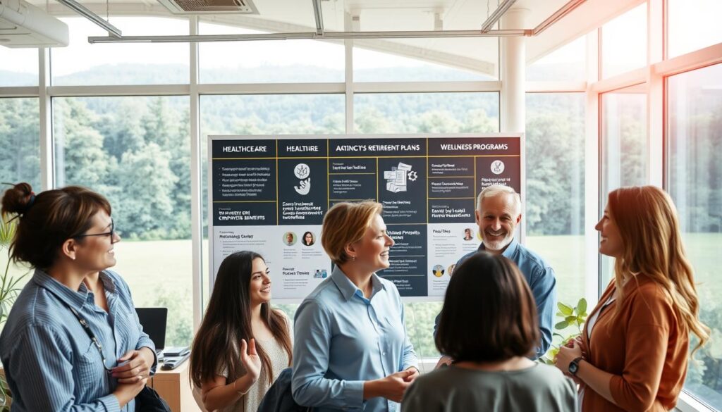 A well-lit, spacious office interior with a warm, inviting atmosphere. In the foreground, a group of employees engaged in a lively discussion, their expressions conveying a sense of well-being and security. In the middle ground, a large display board showcases various workplace benefits, including healthcare, retirement plans, and wellness programs. The background features large windows overlooking a lush, verdant landscape, bathed in soft, natural lighting that emanates a calming, peaceful ambiance. The overall scene conveys the importance of comprehensive employee support and the positive impact it can have on a thriving workplace. A well-lit, spacious office interior with a warm, inviting atmosphere. In the foreground, a group of employees engaged in a lively discussion, their expressions conveying a sense of well-being and security. In the middle ground, a large display board showcases various workplace benefits, including healthcare, retirement plans, and wellness programs. The background features large windows overlooking a lush, verdant landscape, bathed in soft, natural lighting that emanates a calming, peaceful ambiance. The overall scene conveys the importance of comprehensive employee support and the positive impact it can have on a thriving workplace.