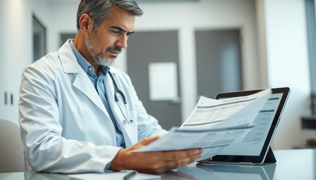 A white-coated medical professional carefully examining a comprehensive health insurance plan, scrutinizing coverage details and claim processes with a thoughtful expression. In the midground, neatly organized documents and a tablet displaying comparative data on various insurance options. The background features a clean, modern medical office setting with muted tones, conveying an atmosphere of diligent analysis and objective evaluation. A white-coated medical professional carefully examining a comprehensive health insurance plan, scrutinizing coverage details and claim processes with a thoughtful expression. In the midground, neatly organized documents and a tablet displaying comparative data on various insurance options. The background features a clean, modern medical office setting with muted tones, conveying an atmosphere of diligent analysis and objective evaluation.