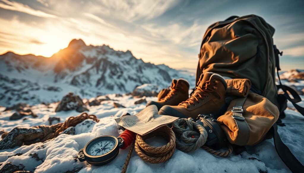 A wide-angle view of an adventurer's backpack and gear spilling out onto a rugged, snow-covered landscape. In the foreground, a compass, first-aid kit, and other essential survival items are clearly visible. The middle ground showcases a pair of sturdy hiking boots, a coil of rope, and a weathered map. In the background, a majestic mountain range rises, bathed in warm, golden sunlight filtering through wispy clouds. The scene conveys a sense of preparedness, exploration, and the importance of comprehensive coverage when embarking on extreme adventures. A wide-angle view of an adventurer's backpack and gear spilling out onto a rugged, snow-covered landscape. In the foreground, a compass, first-aid kit, and other essential survival items are clearly visible. The middle ground showcases a pair of sturdy hiking boots, a coil of rope, and a weathered map. In the background, a majestic mountain range rises, bathed in warm, golden sunlight filtering through wispy clouds. The scene conveys a sense of preparedness, exploration, and the importance of comprehensive coverage when embarking on extreme adventures.