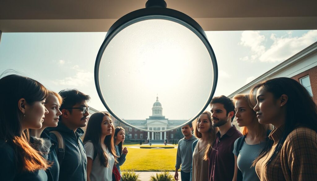 A wide-angled, high-contrast shot of a diverse group of students standing in a semicircle, gazing up at a larger-than-life magnifying glass suspended overhead. The magnifier's intricate glass panels capture shimmering rays of diffused sunlight, casting a warm, contemplative glow across the scene. In the foreground, students' faces exhibit a mix of curiosity and cautious optimism, their eyes fixed on the magnifier's refractive power. The middle ground reveals a serene university campus backdrop, with manicured greenery and a classic brick building setting the stage. In the distance, a faint outline of a provincial government building hints at the policy decisions that shape the students' healthcare coverage. A wide-angled, high-contrast shot of a diverse group of students standing in a semicircle, gazing up at a larger-than-life magnifying glass suspended overhead. The magnifier's intricate glass panels capture shimmering rays of diffused sunlight, casting a warm, contemplative glow across the scene. In the foreground, students' faces exhibit a mix of curiosity and cautious optimism, their eyes fixed on the magnifier's refractive power. The middle ground reveals a serene university campus backdrop, with manicured greenery and a classic brick building setting the stage. In the distance, a faint outline of a provincial government building hints at the policy decisions that shape the students' healthcare coverage.