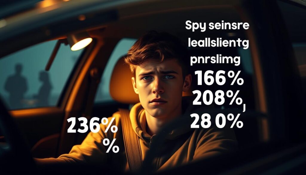 A young adult sitting in a car, looking worried and stressed, surrounded by rising costs and statistics related to young driver insurance premiums. The scene is set in a dimly lit room, with warm lighting from a desk lamp casting shadows across the face of the subject. The background is blurred, with vague shapes and figures representing the complexities of car insurance for young adults. The composition emphasizes the central figure, conveying a sense of isolation and the burden of high insurance costs. The overall mood is one of concern and unease, reflecting the challenges faced by young drivers in navigating the world of car insurance. A young adult sitting in a car, looking worried and stressed, surrounded by rising costs and statistics related to young driver insurance premiums. The scene is set in a dimly lit room, with warm lighting from a desk lamp casting shadows across the face of the subject. The background is blurred, with vague shapes and figures representing the complexities of car insurance for young adults. The composition emphasizes the central figure, conveying a sense of isolation and the burden of high insurance costs. The overall mood is one of concern and unease, reflecting the challenges faced by young drivers in navigating the world of car insurance.