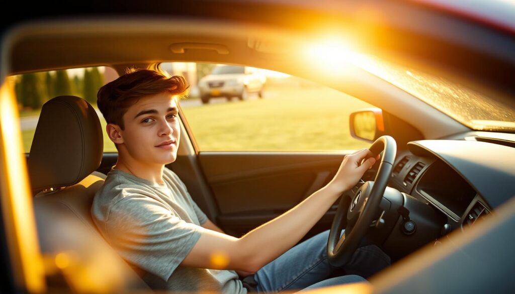 A young person, casually dressed in a t-shirt and jeans, sitting behind the steering wheel of a mid-sized, family-friendly car. The car is parked in a driveway with a well-maintained lawn in the background. Warm, golden afternoon sunlight filters through the windshield, casting a soft, flattering glow on the driver's face. The driver has a thoughtful, focused expression, as if contemplating ways to reduce their car insurance costs without sacrificing essential coverage. The scene conveys a sense of personal responsibility and financial savvy. A young person, casually dressed in a t-shirt and jeans, sitting behind the steering wheel of a mid-sized, family-friendly car. The car is parked in a driveway with a well-maintained lawn in the background. Warm, golden afternoon sunlight filters through the windshield, casting a soft, flattering glow on the driver's face. The driver has a thoughtful, focused expression, as if contemplating ways to reduce their car insurance costs without sacrificing essential coverage. The scene conveys a sense of personal responsibility and financial savvy.