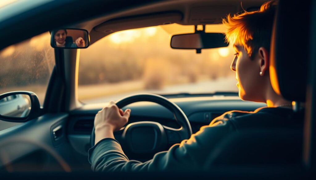 A young person, newly licensed, sits behind the steering wheel of a compact sedan, gripping it with focused determination. The interior is well-lit, with a sense of anticipation and a touch of nerves. The driver's attentive gaze is reflected in the rearview mirror, as they navigate the unfamiliar roads, eager to prove their skills. The background blurs softly, emphasizing the driver's concentration. Warm, golden light filters through the windshield, casting a soft glow on the scene, conveying a sense of optimism and the start of a new journey. A young person, newly licensed, sits behind the steering wheel of a compact sedan, gripping it with focused determination. The interior is well-lit, with a sense of anticipation and a touch of nerves. The driver's attentive gaze is reflected in the rearview mirror, as they navigate the unfamiliar roads, eager to prove their skills. The background blurs softly, emphasizing the driver's concentration. Warm, golden light filters through the windshield, casting a soft glow on the scene, conveying a sense of optimism and the start of a new journey.