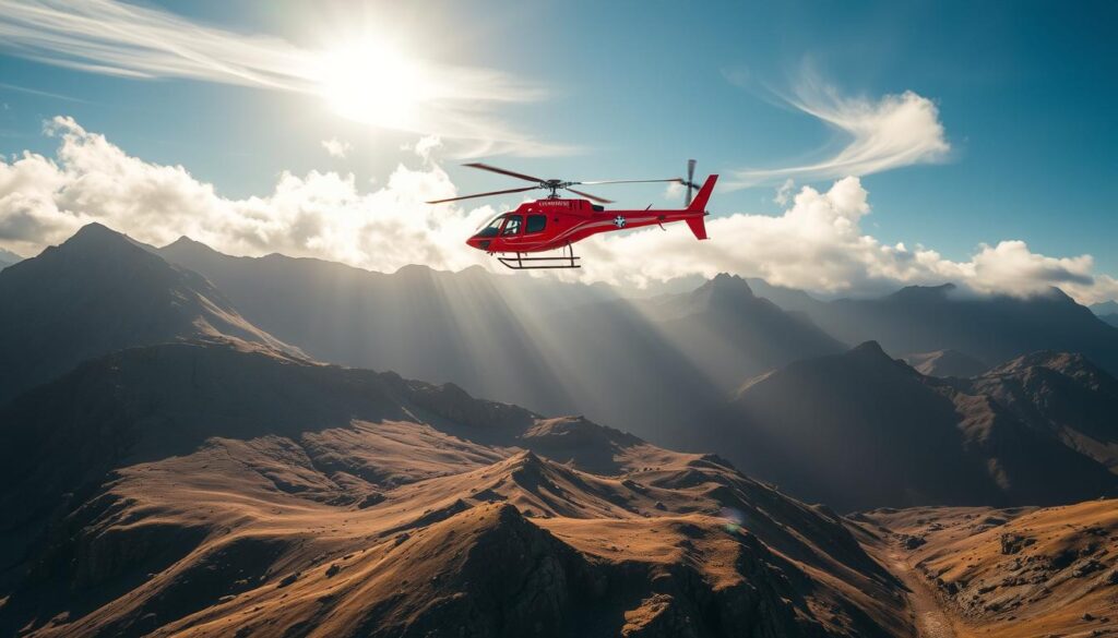 Aerial shot of an air ambulance helicopter hovering over a rugged, mountainous landscape, casting a dramatic shadow on the terrain below. The helicopter's bright red exterior stands out against the muted, earthy tones of the background. Sunlight filters through wispy clouds, creating a sense of urgency and the need for rapid medical response. The scene conveys the high cost associated with emergency medical evacuation, highlighting the specialized equipment and skilled personnel required to transport patients in remote or challenging environments. Aerial shot of an air ambulance helicopter hovering over a rugged, mountainous landscape, casting a dramatic shadow on the terrain below. The helicopter's bright red exterior stands out against the muted, earthy tones of the background. Sunlight filters through wispy clouds, creating a sense of urgency and the need for rapid medical response. The scene conveys the high cost associated with emergency medical evacuation, highlighting the specialized equipment and skilled personnel required to transport patients in remote or challenging environments.