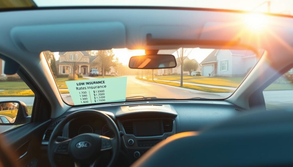 An affordable car with a dashboard display showcasing low insurance rates and discounts, illuminated by warm afternoon sunlight filtering through the windshield. The car is parked on a suburban street, with well-manicured lawns and houses in the background, conveying a sense of financial responsibility and accessible savings. The image should exude an atmosphere of reliability, practicality, and the potential for significant cost savings on car insurance for young drivers. An affordable car with a dashboard display showcasing low insurance rates and discounts, illuminated by warm afternoon sunlight filtering through the windshield. The car is parked on a suburban street, with well-manicured lawns and houses in the background, conveying a sense of financial responsibility and accessible savings. The image should exude an atmosphere of reliability, practicality, and the potential for significant cost savings on car insurance for young drivers.