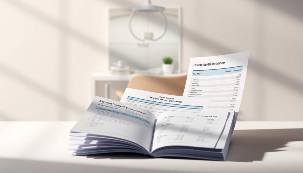 An immaculately detailed illustration of financial information related to private dental insurance plans. In the foreground, an elegant spread of dental insurance documents, premium payment slips, and annual limit charts, artfully arranged against a soft, neutral background. The middle ground features a subtly blurred image of a dentist's office, conveying the practical application of the financial details. The background is a serene, minimalist composition with clean lines and a muted color palette, creating a sense of professionalism and sophistication. Dramatic, directional lighting casts strategic shadows, highlighting the key information while maintaining a visually appealing, balanced composition. The overall mood is one of clarity, precision, and the careful consideration of private dental insurance costs. An immaculately detailed illustration of financial information related to private dental insurance plans. In the foreground, an elegant spread of dental insurance documents, premium payment slips, and annual limit charts, artfully arranged against a soft, neutral background. The middle ground features a subtly blurred image of a dentist's office, conveying the practical application of the financial details. The background is a serene, minimalist composition with clean lines and a muted color palette, creating a sense of professionalism and sophistication. Dramatic, directional lighting casts strategic shadows, highlighting the key information while maintaining a visually appealing, balanced composition. The overall mood is one of clarity, precision, and the careful consideration of private dental insurance costs.