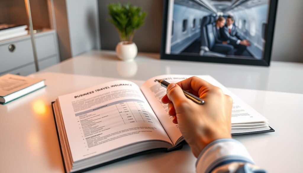 An open book with carefully curated business travel insurance plans displayed on its pages, illuminated by warm, focused lighting. In the foreground, a hand holding a pen hovers over the pages, ready to make comparisons and annotations. The background features a sophisticated office setting, with a clean, minimalist desk and a framed image of a business traveler on a plane. The overall atmosphere conveys a sense of thoughtful decision-making and informed financial planning. An open book with carefully curated business travel insurance plans displayed on its pages, illuminated by warm, focused lighting. In the foreground, a hand holding a pen hovers over the pages, ready to make comparisons and annotations. The background features a sophisticated office setting, with a clean, minimalist desk and a framed image of a business traveler on a plane. The overall atmosphere conveys a sense of thoughtful decision-making and informed financial planning.