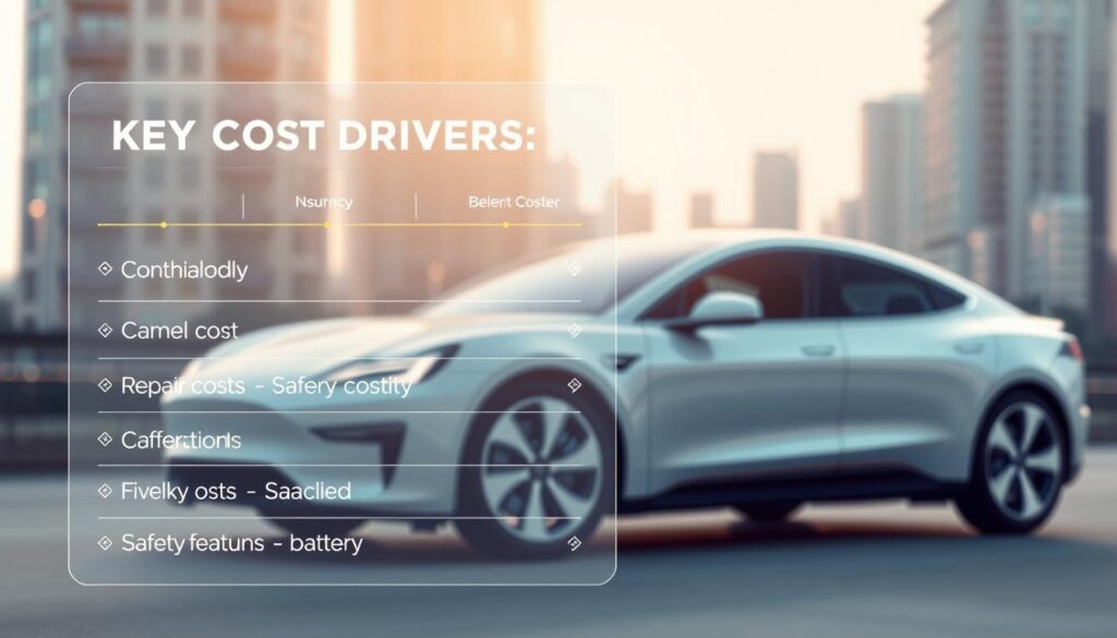 Detailed photorealistic image of the key cost drivers for electric vehicle and hybrid car insurance, showcased in a clean and minimalist style. In the foreground, a transparent panel displays a breakdown of the various factors influencing insurance premiums, such as battery capacity, repair costs, and safety features. In the middle ground, a sleek and modern electric car is partially visible, its design emphasized by soft, directional lighting. The background features a blurred cityscape, conveying a sense of urban environment and technology. The overall tone is informative yet visually striking, drawing the viewer's attention to the essential elements that determine insurance expenses for eco-friendly vehicles. Detailed photorealistic image of the key cost drivers for electric vehicle and hybrid car insurance, showcased in a clean and minimalist style. In the foreground, a transparent panel displays a breakdown of the various factors influencing insurance premiums, such as battery capacity, repair costs, and safety features. In the middle ground, a sleek and modern electric car is partially visible, its design emphasized by soft, directional lighting. The background features a blurred cityscape, conveying a sense of urban environment and technology. The overall tone is informative yet visually striking, drawing the viewer's attention to the essential elements that determine insurance expenses for eco-friendly vehicles.