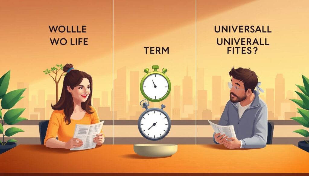 Prompt A meticulously rendered illustration showcasing the key differences between whole life, term, and universal life insurance policies. In the foreground, a family gathers around a table, each member holding a document representing their respective policy. The middle ground features visual metaphors - a tree for whole life, a stopwatch for term, and a gear for universal. In the background, a warm-toned cityscape with skyscrapers, suggesting a prosperous urban setting. The lighting is soft, creating an inviting and informative atmosphere. Rendered with a photorealistic style and attention to detail, conveying the importance of this financial decision. Prompt A meticulously rendered illustration showcasing the key differences between whole life, term, and universal life insurance policies. In the foreground, a family gathers around a table, each member holding a document representing their respective policy. The middle ground features visual metaphors - a tree for whole life, a stopwatch for term, and a gear for universal. In the background, a warm-toned cityscape with skyscrapers, suggesting a prosperous urban setting. The lighting is soft, creating an inviting and informative atmosphere. Rendered with a photorealistic style and attention to detail, conveying the importance of this financial decision.