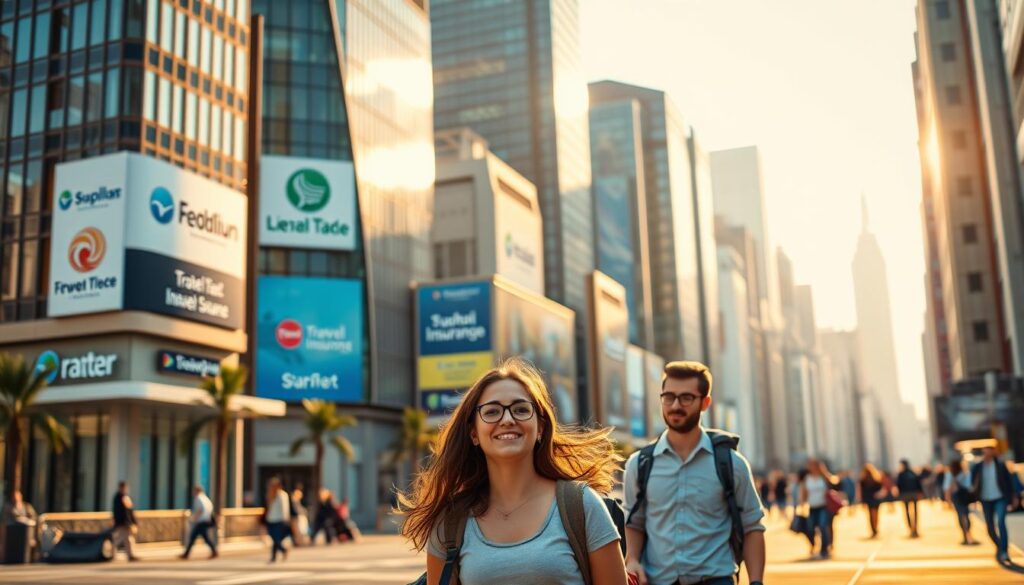 Prompt A vibrant cityscape with towering office buildings, their facades adorned with sleek signage showcasing the logos of top student-friendly travel insurance companies. The scene is bathed in warm, golden light, casting long shadows and imbuing the environment with a sense of professionalism and prosperity. In the foreground, a group of young students stroll past, their faces alight with excitement as they evaluate the various options, each company vying for their attention with its unique offerings. The background is a hazy blur of bustling activity, capturing the dynamic nature of the industry. The overall composition conveys an atmosphere of trust, reliability, and the promise of a secure journey, perfectly complementing the article's subject matter. Prompt A vibrant cityscape with towering office buildings, their facades adorned with sleek signage showcasing the logos of top student-friendly travel insurance companies. The scene is bathed in warm, golden light, casting long shadows and imbuing the environment with a sense of professionalism and prosperity. In the foreground, a group of young students stroll past, their faces alight with excitement as they evaluate the various options, each company vying for their attention with its unique offerings. The background is a hazy blur of bustling activity, capturing the dynamic nature of the industry. The overall composition conveys an atmosphere of trust, reliability, and the promise of a secure journey, perfectly complementing the article's subject matter.