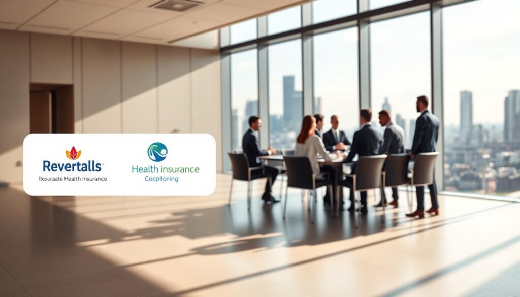 Sleek and modern corporate office interior with large windows overlooking a cityscape. In the foreground, a group of reputable health insurance company logos float in a clean, minimalist arrangement. In the middle ground, a team of professional business people in suits are gathered around a conference table, discussing insurance policies and options. The lighting is warm and inviting, with soft shadows and highlights accentuating the professional atmosphere. The background features a panoramic view of a bustling city skyline, conveying a sense of stability, reliability, and industry leadership. The overall mood is one of authority, trust, and forward-thinking in the health insurance sector. Sleek and modern corporate office interior with large windows overlooking a cityscape. In the foreground, a group of reputable health insurance company logos float in a clean, minimalist arrangement. In the middle ground, a team of professional business people in suits are gathered around a conference table, discussing insurance policies and options. The lighting is warm and inviting, with soft shadows and highlights accentuating the professional atmosphere. The background features a panoramic view of a bustling city skyline, conveying a sense of stability, reliability, and industry leadership. The overall mood is one of authority, trust, and forward-thinking in the health insurance sector.