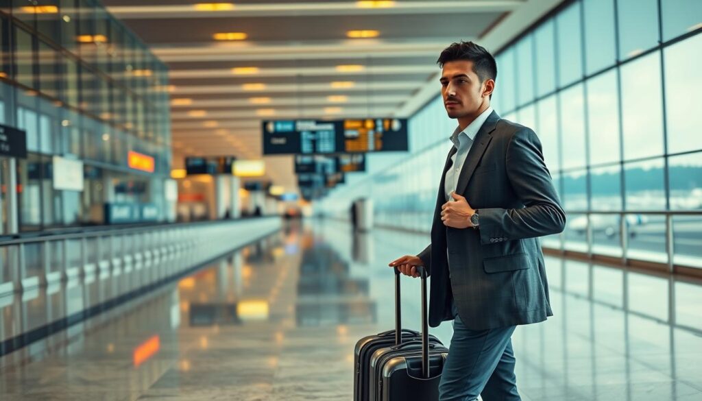 Sleek business traveler with elegant carry-on luggage striding through a bustling airport terminal. Warm, directional lighting illuminates the polished marble floors and glass-paneled walls. In the middle ground, a row of gates with digital departure boards. In the background, a panoramic view of the tarmac and distant skyline. The traveler's expression is focused, conveying a sense of efficiency and purpose as they navigate the efficient flow of the modern transit hub. Sleek business traveler with elegant carry-on luggage striding through a bustling airport terminal. Warm, directional lighting illuminates the polished marble floors and glass-paneled walls. In the middle ground, a row of gates with digital departure boards. In the background, a panoramic view of the tarmac and distant skyline. The traveler's expression is focused, conveying a sense of efficiency and purpose as they navigate the efficient flow of the modern transit hub.