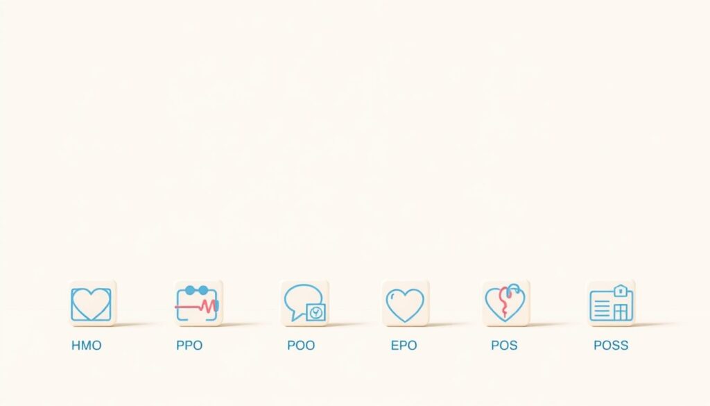 Types of health insurance plans: a detailed overview showcased in a minimalist, infographic-style illustration. In the foreground, various health plan icons - HMO, PPO, EPO, POS - arranged in a grid layout with clean lines and geometric shapes. The midground features a serene, neutral-toned background, allowing the plan types to stand out. Soft, even lighting casts a calm, professional atmosphere. The composition is balanced, with a touch of pastel accents to enhance visual interest. The overall aesthetic is modern, informative, and easy to digest - an ideal accompaniment to the "Types of health insurance plans you can compare today" section. Types of health insurance plans: a detailed overview showcased in a minimalist, infographic-style illustration. In the foreground, various health plan icons - HMO, PPO, EPO, POS - arranged in a grid layout with clean lines and geometric shapes. The midground features a serene, neutral-toned background, allowing the plan types to stand out. Soft, even lighting casts a calm, professional atmosphere. The composition is balanced, with a touch of pastel accents to enhance visual interest. The overall aesthetic is modern, informative, and easy to digest - an ideal accompaniment to the "Types of health insurance plans you can compare today" section.