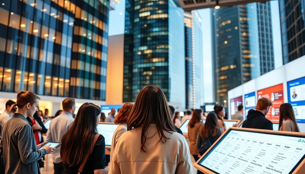 Vibrant and modern health insurance marketplace, set against a backdrop of sleek glass skyscrapers. In the foreground, a diverse group of people engage with interactive touchscreens, browsing personalized plan options. Warm lighting casts a welcoming glow, while clean, minimalist design elements convey a sense of professionalism and efficiency. The scene captures the seamless integration of technology and healthcare, empowering individuals to make informed decisions about their coverage needs. Captured through a wide-angle lens, the image showcases the scale and accessibility of this comprehensive insurance platform. Vibrant and modern health insurance marketplace, set against a backdrop of sleek glass skyscrapers. In the foreground, a diverse group of people engage with interactive touchscreens, browsing personalized plan options. Warm lighting casts a welcoming glow, while clean, minimalist design elements convey a sense of professionalism and efficiency. The scene captures the seamless integration of technology and healthcare, empowering individuals to make informed decisions about their coverage needs. Captured through a wide-angle lens, the image showcases the scale and accessibility of this comprehensive insurance platform.