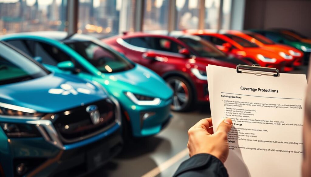 Vibrant electric vehicles take center stage, their sleek silhouettes and gleaming surfaces reflecting the diverse coverage options available. In the foreground, a comprehensive policy document outlines the key protections - collision, liability, and battery coverage - as a knowledgeable agent gestures towards the details. In the middle ground, a hybrid model showcases the cutting-edge technology, while the background features a bustling city skyline, hinting at the urban landscape where these eco-friendly cars thrive. The lighting is warm and inviting, creating a sense of security and reassurance around the insurance choices that safeguard these innovative vehicles and their owners. Vibrant electric vehicles take center stage, their sleek silhouettes and gleaming surfaces reflecting the diverse coverage options available. In the foreground, a comprehensive policy document outlines the key protections - collision, liability, and battery coverage - as a knowledgeable agent gestures towards the details. In the middle ground, a hybrid model showcases the cutting-edge technology, while the background features a bustling city skyline, hinting at the urban landscape where these eco-friendly cars thrive. The lighting is warm and inviting, creating a sense of security and reassurance around the insurance choices that safeguard these innovative vehicles and their owners.