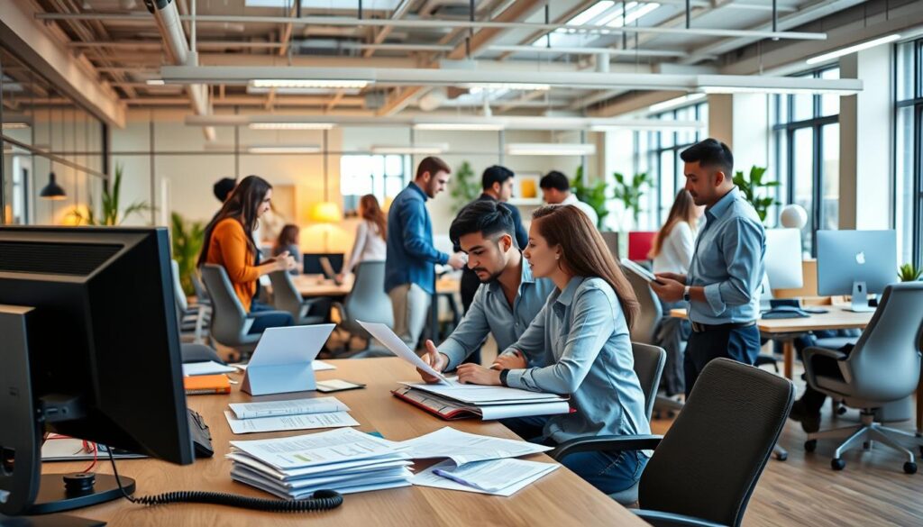 Vibrant office setting with a group of diverse workers engaged in various tasks related to workers compensation claims. The foreground features a desk with a computer, paperwork, and a telephone, symbolizing the administrative aspects of the process. The middle ground showcases employees collaborating, discussing cases, and providing support to injured workers. The background depicts a modern, well-lit workspace with ergonomic furniture and equipment, conveying a professional and efficient environment. Warm lighting, clean lines, and a calm, focused atmosphere create an atmosphere of care and diligence in handling workers' compensation matters. Vibrant office setting with a group of diverse workers engaged in various tasks related to workers compensation claims. The foreground features a desk with a computer, paperwork, and a telephone, symbolizing the administrative aspects of the process. The middle ground showcases employees collaborating, discussing cases, and providing support to injured workers. The background depicts a modern, well-lit workspace with ergonomic furniture and equipment, conveying a professional and efficient environment. Warm lighting, clean lines, and a calm, focused atmosphere create an atmosphere of care and diligence in handling workers' compensation matters.