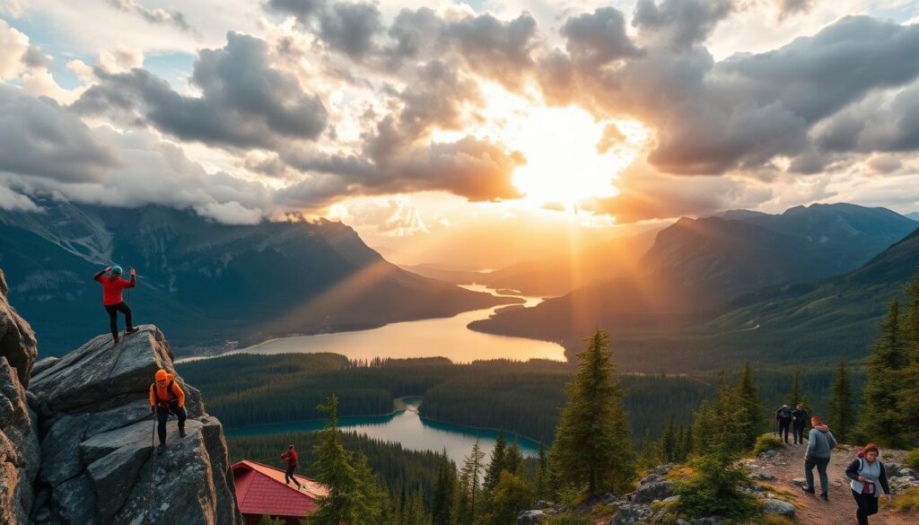Vibrant outdoor activities against a scenic Canadian landscape. In the foreground, a group of adventurers engaged in extreme sports - rock climbing, whitewater rafting, and ziplining through a lush forest canopy. In the middle ground, a serene lake surrounded by rugged mountains, with hikers traversing winding trails. The background features a dramatic, cloud-streaked sky illuminated by warm, golden sunlight casting a magical glow over the entire scene. The overall mood is one of exhilaration, freedom, and a sense of limitless possibilities for outdoor exploration and discovery. Vibrant outdoor activities against a scenic Canadian landscape. In the foreground, a group of adventurers engaged in extreme sports - rock climbing, whitewater rafting, and ziplining through a lush forest canopy. In the middle ground, a serene lake surrounded by rugged mountains, with hikers traversing winding trails. The background features a dramatic, cloud-streaked sky illuminated by warm, golden sunlight casting a magical glow over the entire scene. The overall mood is one of exhilaration, freedom, and a sense of limitless possibilities for outdoor exploration and discovery.